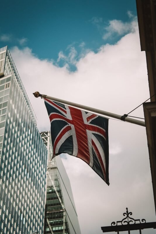 united kingdom flag hanging in city